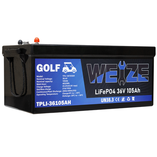 WEIZE 36V(38.4V) 105AH LiFePO4 Golf Cart Battery, 4032Wh Bluetooth Lithium Battery, 8000+ Cycles with 200A BMS, 10 Years Warranty - BAC-0116