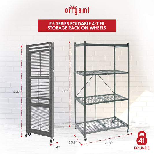 Origami 4 Tier Multipurpose Folding Storage Rack with Wheels, 3 Pack, Gray - 414442