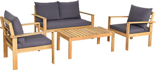 Costway Patio Furniture Set 4 Pieces Acacia Wood with Water Resistant Cushions New - HW69256GR+