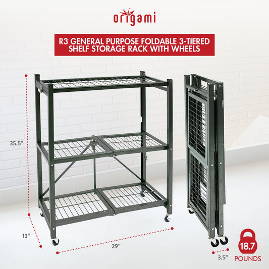 Origami R3 Foldable 3-Tiered Shelf Storage Rack & Wheels, Pewter (4 Pack) - 253008