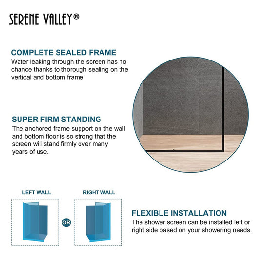 Serene Valley 34 x 72 Inch Tempered Glass Stand Alone Shower Screen, Matte Black - 280469