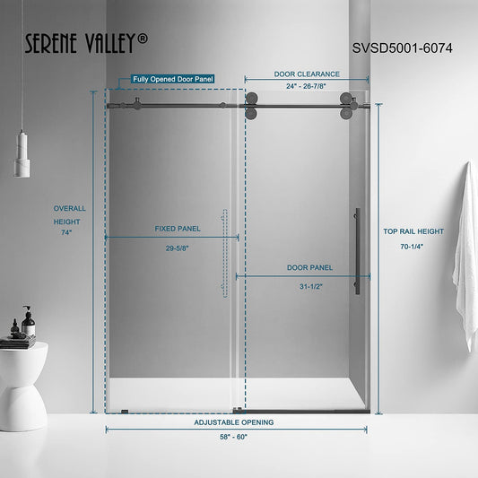 Serene Valley 60 x 74 Inch Big Roller Frameless Sliding Shower Door, Matte Black - 280495