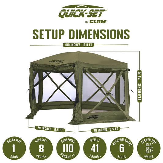 Clam Quick-Set Pavilion 12.5 x 12.5 Foot Portable Outdoor Canopy Shelter, Green - 320777