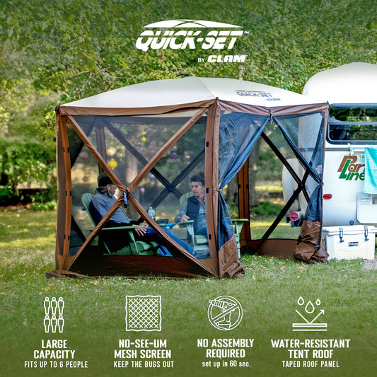 CLAM Quick-Set Adventure 9 x 9 Ft Portable Outdoor Camping Canopy Shelter, Brown - 409468