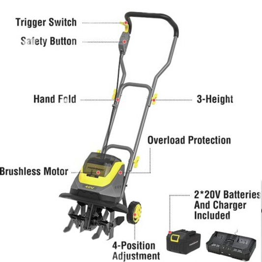 Powersmart Cordless Garden Tiller/Cultivator 40V 12 Inch (2) 4.0Ah Battery and Charger New - PS76221A