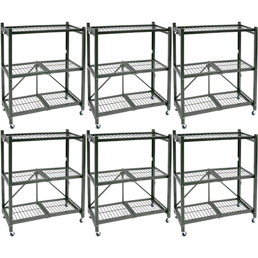 Origami R3 Foldable 3-Tiered Shelf Storage Rack & Wheels, Pewter (6 Pack) - 253009