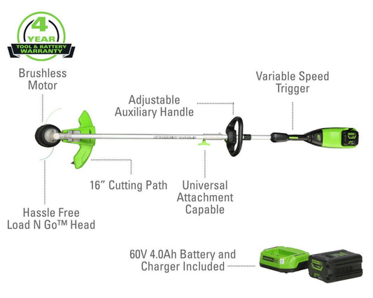 Greenworks 60V 16" Cordless Battery String Trimmer (Attachment Capable) & 10" Polesaw Attachment Combo Kit w/ 4.0 Ah Battery & Charger - 2135202-VK