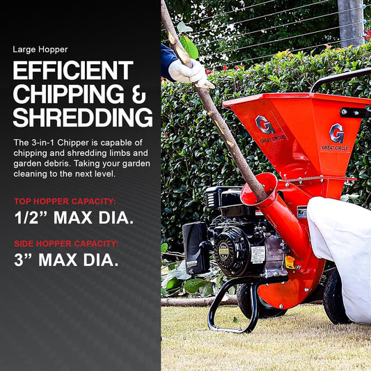 GreatCircleUSA 3-in-1 Wood Chipper - 7HP Engine, 3" Max Branch Capacity - LCE01-FBA