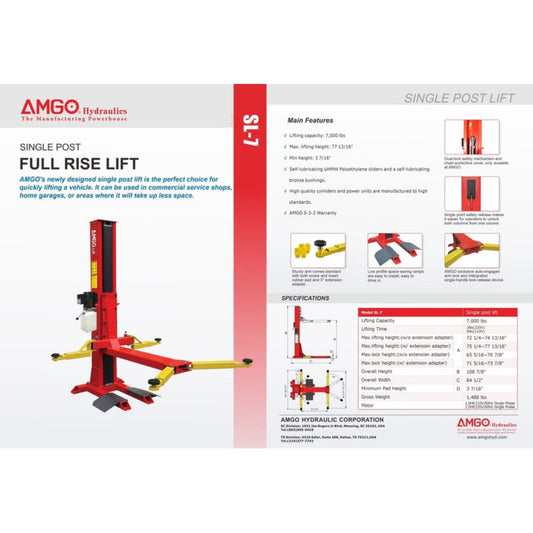 AMGO SL-7 7,000 lbs Single Post Lift  - SL-7