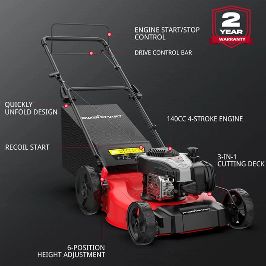 Powersmart 3-In-1 Lawn Mower 21" Self-Propelled 140cc Gas Engine Red New - B8721S2