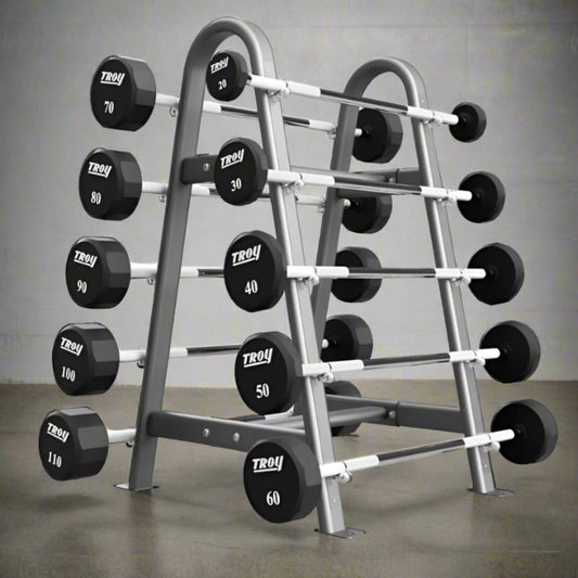 Troy 12-Sided Urethane Straight Barbell Set with Rack - COMMPAC-TSBU110