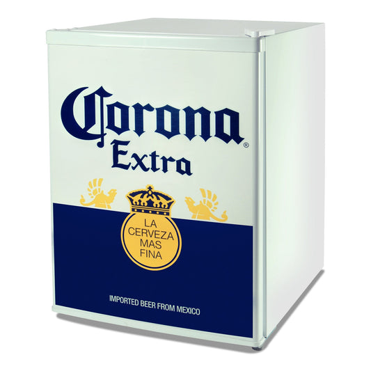 Corona Compact Bar Fridge w/ FreezerTempered Glass Shelves, Space-Saving Flat Back, Reversible Door, for Den, Dorm, Office, Home Bar - COR70-W