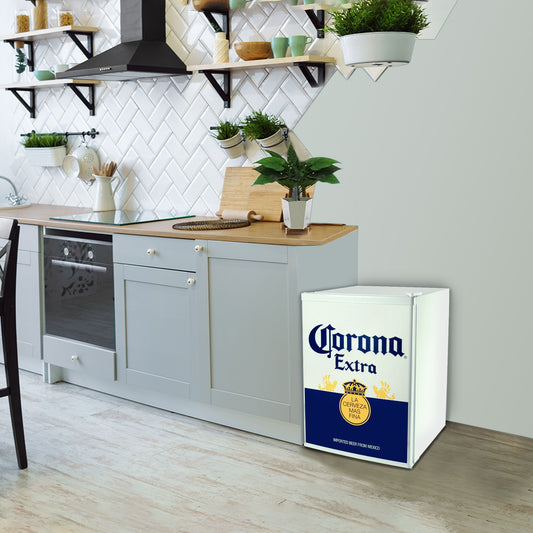 Corona Compact Bar Fridge w/ FreezerTempered Glass Shelves, Space-Saving Flat Back, Reversible Door, for Den, Dorm, Office, Home Bar - COR70-W