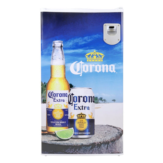 Corona Compact Fridge w/ Bottle Opener, Tempered Glass Shelves, Licensed Corona Artwork, Perfect for Beer-Lovers -COR-90