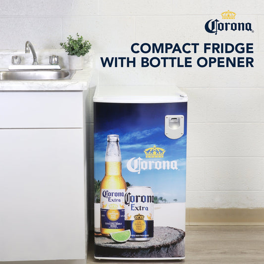 Corona Compact Fridge w/ Bottle Opener, Tempered Glass Shelves, Licensed Corona Artwork, Perfect for Beer-Lovers -COR-90