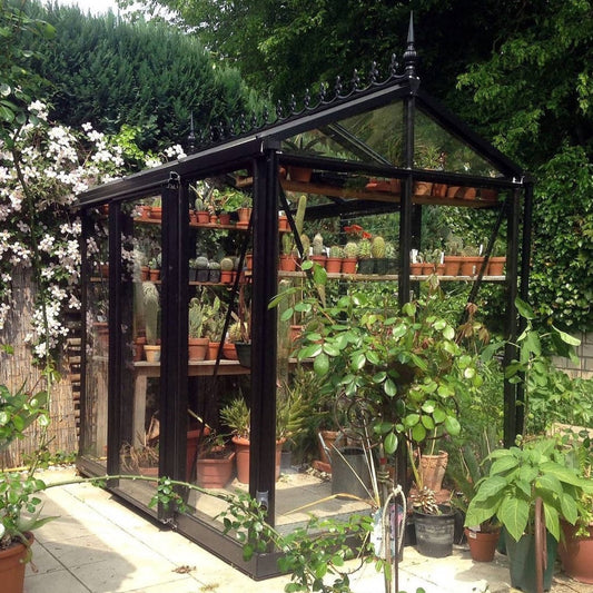 Janssens | 6x8 ft Helios Urban Victorian Glass Greenhouse Kit With 4mm Tempered Glass Glazing - HELIOS-URBAN-BLACK
