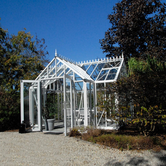 Janssens | 13x13x10 Ft Royal EOS T Glass Greenhouse Kit With 4mm Tempered Glass Glazing - ROYAL-EOS-T-GRND-WHITE