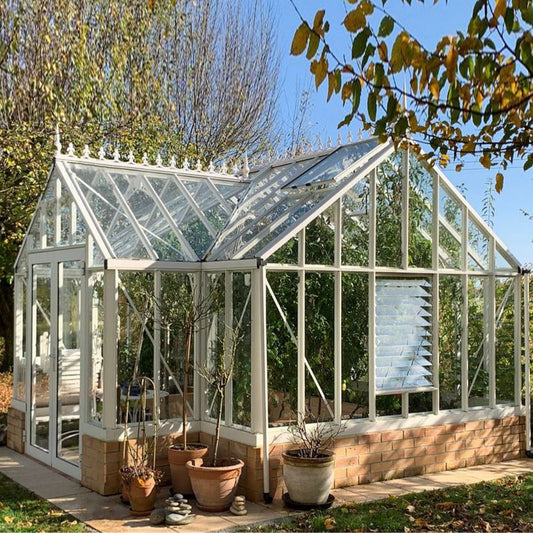 Janssens | 13x13x10 Ft Royal EOS T Glass Greenhouse Kit with 4mm Tempered Glass Glazing for Stem Wall - ROYAL-EOS-T-WALL-WHITE