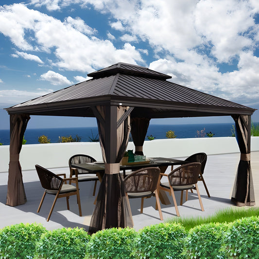 Kozyard Alexander 12' x 14' Hardtop Gazebo w/ Curtain & Netting - KZAHG1214GY5