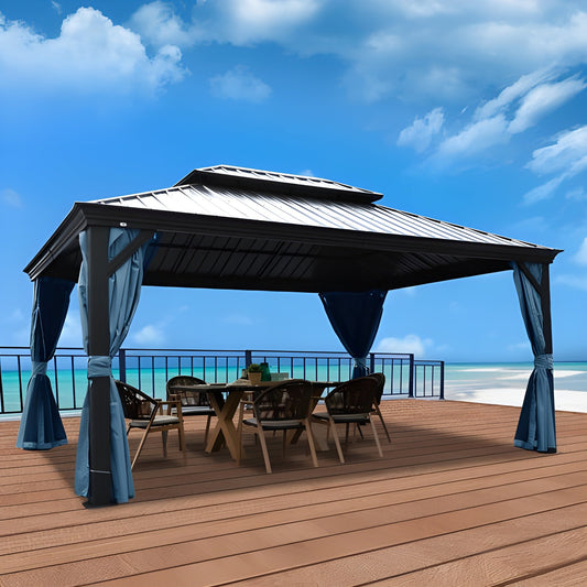 Kozyard Alexander 12' x 16' Hardtop Gazebo, Aluminum Roof, Curtain & Netting (Gray)