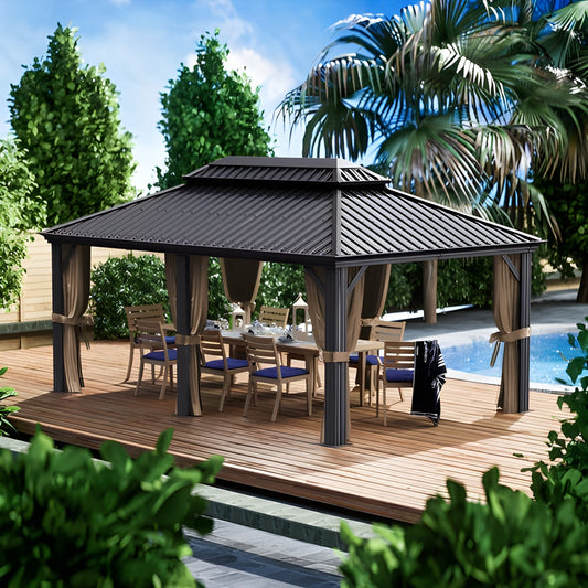 Kozyard Alexander 12x18 Hardtop Gazebo, Steel Roof w/ Curtain & Netting – KZAHG1218GRA