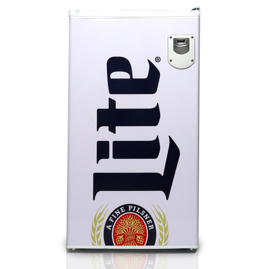Miller Lite Compact Fridge w/ Bottle Opener Tempered Glass Shelves, Licensed Miller Lite Artwork, Perfect for Beer-Lovers - ML90