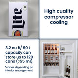 Miller Lite Compact Fridge w/ Bottle Opener Tempered Glass Shelves, Licensed Miller Lite Artwork, Perfect for Beer-Lovers - ML90