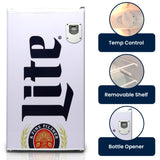 Miller Lite Compact Fridge w/ Bottle Opener Tempered Glass Shelves, Licensed Miller Lite Artwork, Perfect for Beer-Lovers - ML90