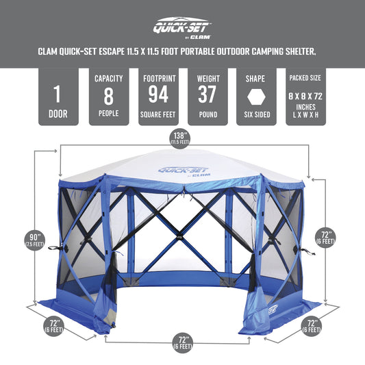 CLAM Quick-Set Escape Sport 11.5 x 11.5 Ft Tailgating Canopy Shelter Tent, Blue - 145183