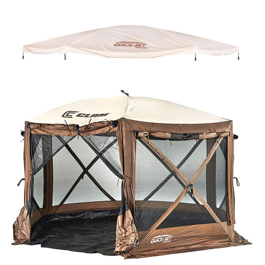 CLAM Quick-Set Pavilion Camper 12.5' x 12.5' Shelter, Brown w/Rain Fly Tarp, Tan - 149354