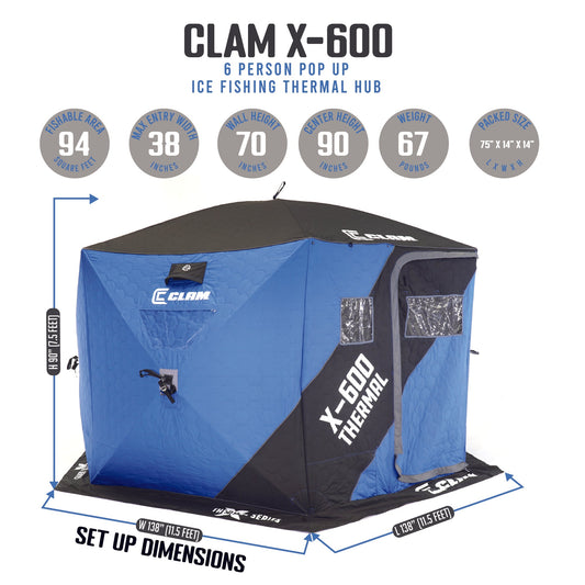 CLAM X-600 Portable 11.5 Ft 6 Person Pop Up Ice Fishing Thermal Hub Shelter Tent - 320783