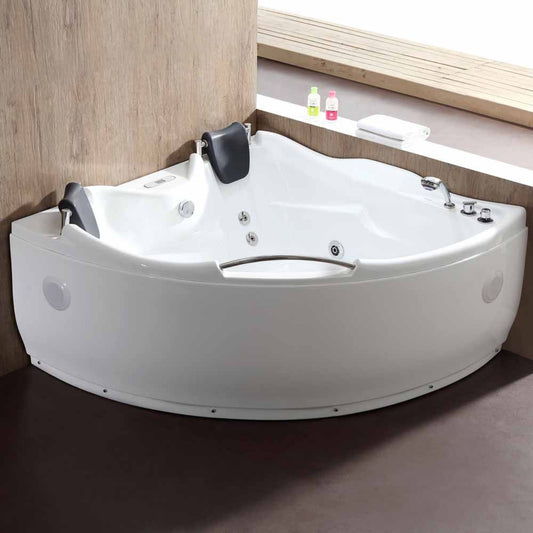 EagoUSA  AM125ETL 5 ft Corner Acrylic White Whirlpool Bathtub for Two w Fixtures - AM125ETL