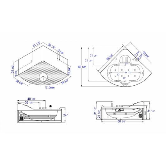 EagoUSA AM505ETL 5 ft Corner Acrylic White Waterfall Whirlpool Bathtub for Two - AM505ETL