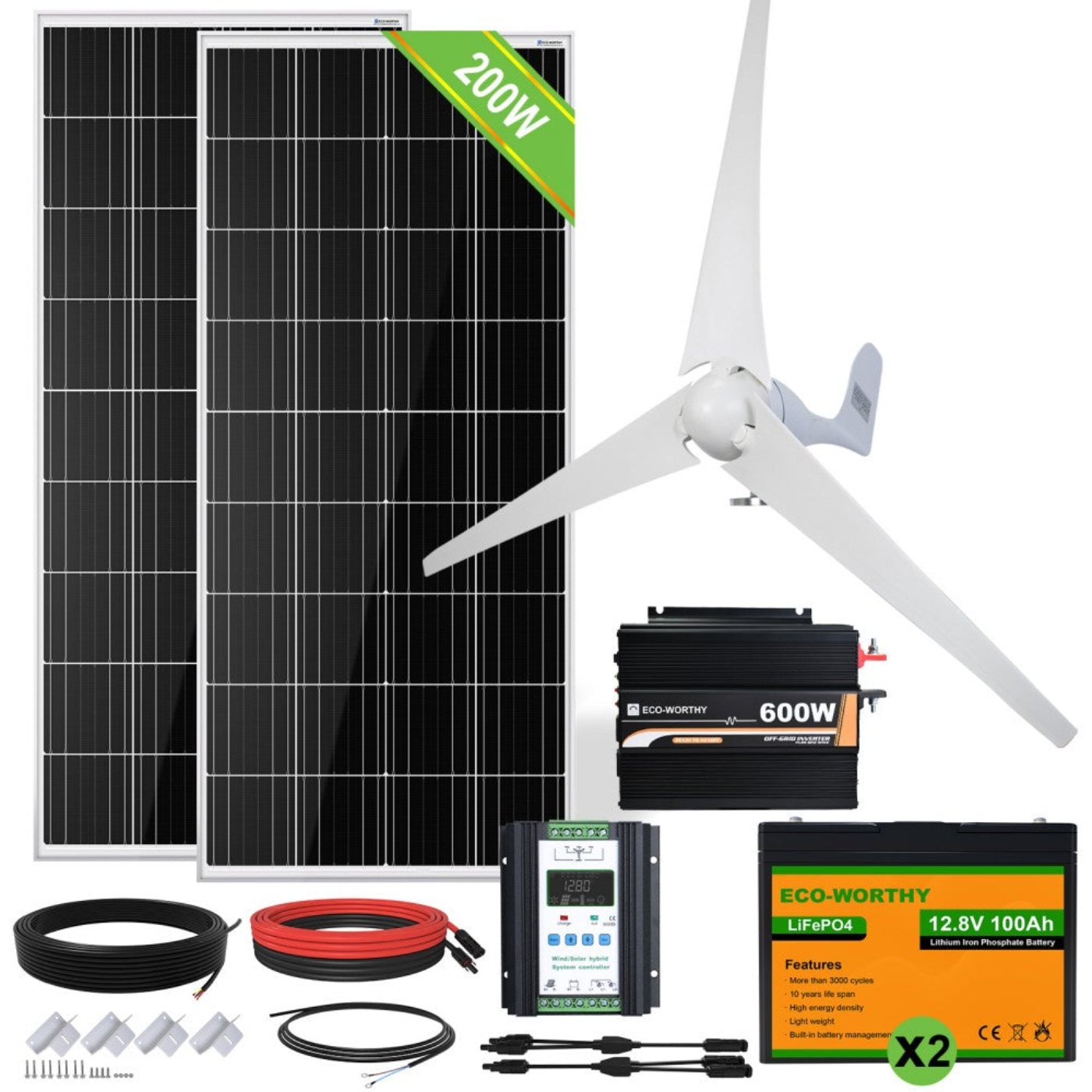 Eco-Worthy 500W 600W 12V 400W Wind+1/2x 100W Solar Solar Wind Hybrid Kit