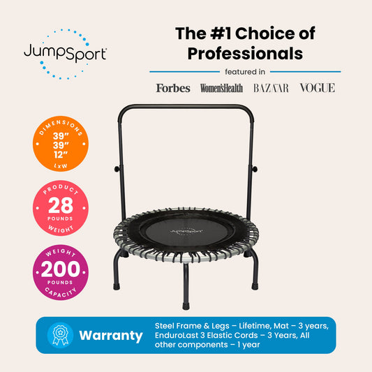 JumpSport 350i 39" Fitness Trampoline and Handle Bar with 30 Adjustable Bungees - 323353