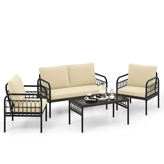 Tangkula 4 Pieces Patio Furniture Set, Outdoor Wicker Conversation Bistro Set - HW71622BN+