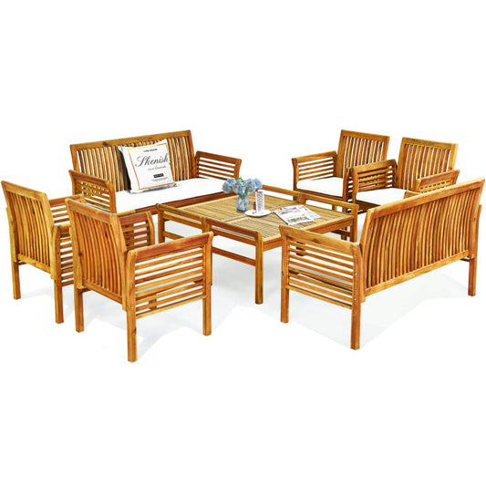 Tangkula 4 or 8 Piece Outdoor Acacia Wood Sofa Set, Padded Patio Conversation Table Chair Set - HW63884