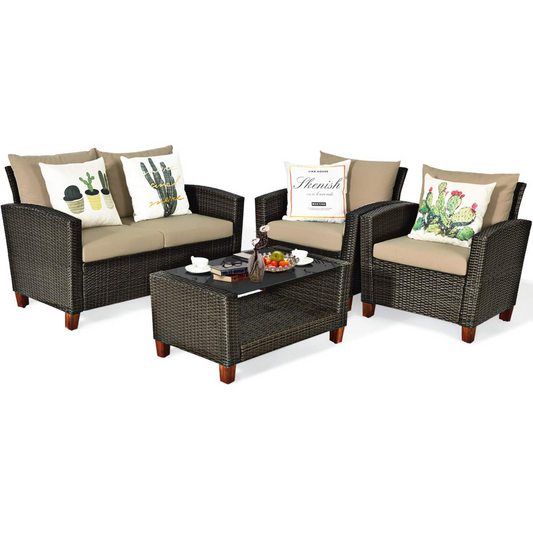 Tangkula 4-Piece Patio Rattan Furniture Set, Outdoor Wicker Conversation Set - HW64145+