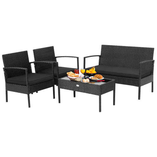 Tangkula 4 Piece Patio Rattan Conversation Set, Black - HW68938