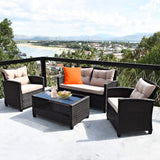 Tangkula 4-Piece Patio Furniture Set, Rattan Wicker Chair Set with 1 Loveseat, 2 Single Sofas - HW63217+