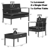 Tangkula 4 Piece Patio Rattan Conversation Set, Black - HW68938