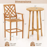 Tangkula 3 Piece Patio Bar Set, Teak Wood Bistro Furniture with Backrest, Armrests & Footrest - 2*JV11957+JV11903