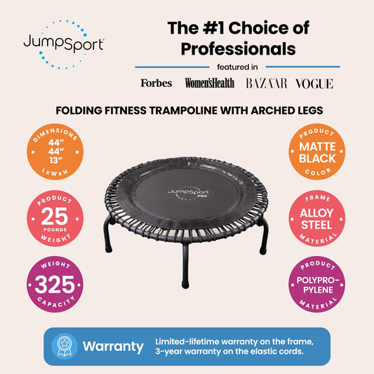 JumpSport 550f PRO Indoor Lightweight 44 Inch Folding Fitness Trampoline, Black - 168419