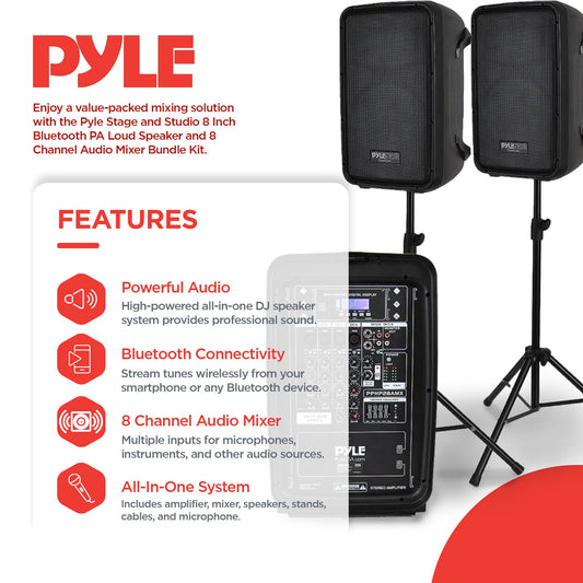 Pyle Stage and Studio 8 Inch Bluetooth PA Loud Speaker and 8 Channel Audio Mixer - 211818