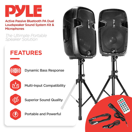 Pyle Active Passive Bluetooth PA Dual Loudspeaker Sound System Kit & Microphones - 84543