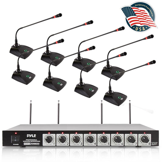 Pyle 2 x PDWM8300 VHF 8 Channel Wireless Desktop Microphones & Receiver (2 Pack) - 215251