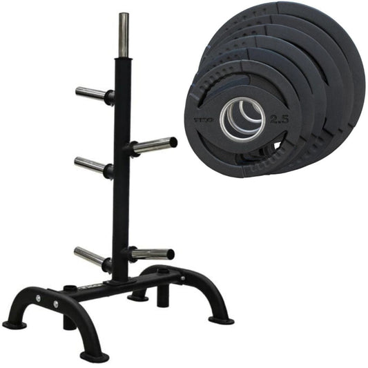 TKO 255 Lb. Rubber Olympic Weight Plate Set with Weight Storage Tree - 6210
